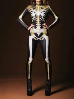 Women's Jumpsuit Halloween Skeleton Print Print Stand Collar Active Sport Daily Regular Fit Long Sleeve Black XS S M Summer