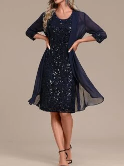 Women's Two Piece Dress Set Lace Dress Daily Vacation Fashion Mature Mesh Sequin Midi Dress Crew Neck Long Sleeve Plain Regular Fit Navy Blue Spring Fall S M L XL XXL