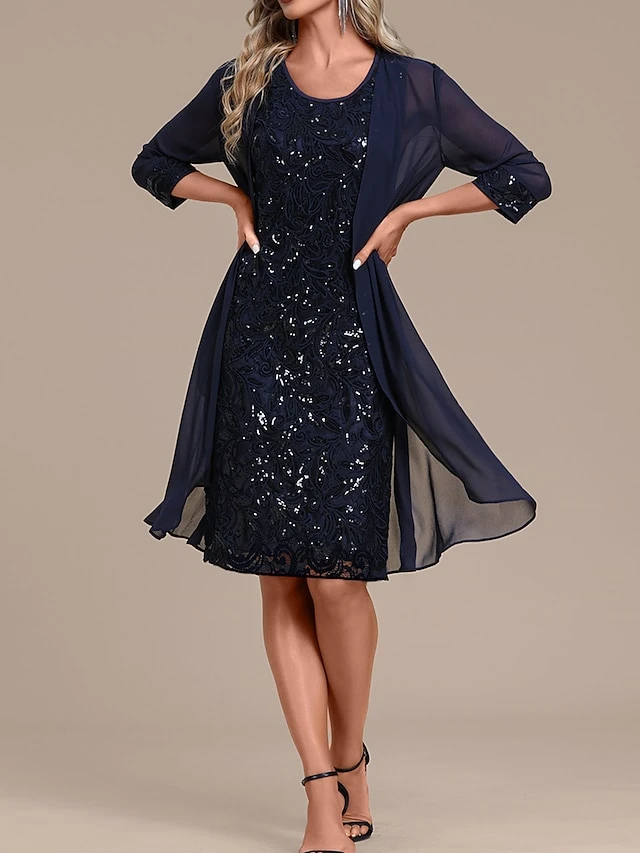 Women's Two Piece Dress Set Lace Dress Daily Vacation Fashion Mature Mesh Sequin Midi Dress Crew Neck Long Sleeve Plain Regular Fit Navy Blue Spring Fall S M L XL XXL 1 Women's Two Piece Dress Set Lace Dress Daily Vacation Fashion Mature Mesh Sequin Midi Dress Crew Neck Long Sleeve Plain Regular Fit Navy Blue Spring Fall S M L XL XXL