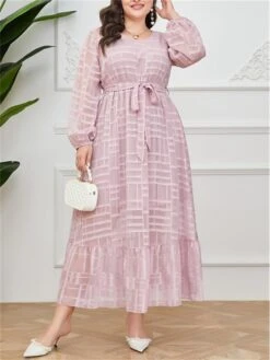 Women's Plus Size Prom Dress Party Dress Wedding Guest Dress Long Dress Maxi Dress Pink Long Sleeve Pure Color Lace Up Fall Winter Autumn Crew Neck Fashion Winter Dress Evening Party Wedding Guest -Cheap Plus Fit Dress Store cpmmdn1693535314671