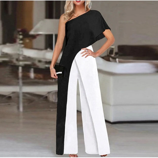 Jumpsuits For Women Summer Dressy Color Block One Sleeve Shoulder Elegant Party Prom Straight Regular Fit Short Sleeve Black S M L Spring Fall 1 Jumpsuits For Women Summer Dressy Color Block One Sleeve Shoulder Elegant Party Prom Straight Regular Fit Short Sleeve Black S M L Spring Fall