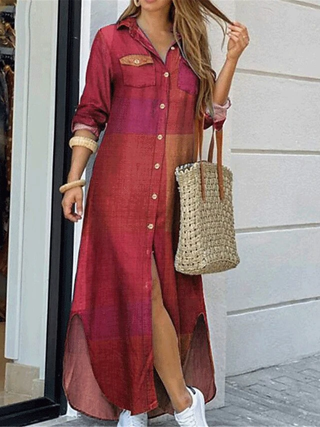 Women's Shirt Dress Casual Dress Maxi Long Dress Outdoor Daily Cotton Fashion Modern Shirt Collar Button Pocket Long Sleeve Spring Fall Winter 2023 Regular Fit Yellow Red Blue Geometric Color Block S 4 Women's Shirt Dress Casual Dress Maxi Long Dress Outdoor Daily Cotton Fashion Modern Shirt Collar Button Pocket Long Sleeve Spring Fall Winter 2023 Regular Fit Yellow Red Blue Geometric Color Block S - Image 4