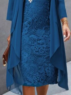 Women's Two Piece Dress Set Casual Dress Lace Dress Outdoor Daily Fashion Elegant Lace Patchwork Midi Dress V Neck Long Sleeve Plain Regular Fit Wine Blue Sky Blue Fall Winter S M L XL XXL -Cheap Plus Fit Dress Store cpxnjq1694057202004