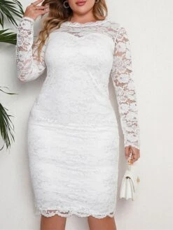 Women‘s Plus Size Curve Party Dress Lace Dress Sheath Dress Solid Color Midi Dress Long Sleeve Lace Crew Neck Modern Party White Summer Spring XL XXL 3XL 4XL 5XL
