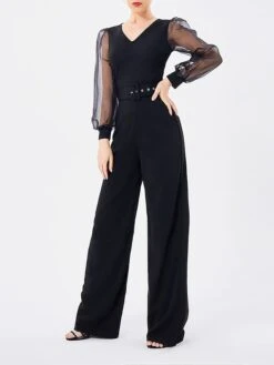 Women's Jumpsuit Mesh High Waist Solid Color V Neck Streetwear Street Daily Regular Fit Long Sleeve Black Fuchsia S M L Fall
