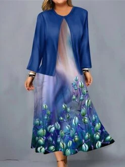 Women's Christmas Plus Size Curve Casual Dress Dress Set Two Piece Dress Floral Midi Dress Long Sleeve Print Crew Neck Fashion Outdoor Wine Blue Fall Winter L XL XXL 3XL 4XL -Cheap Plus Fit Dress Store cqiqfo1697170158339