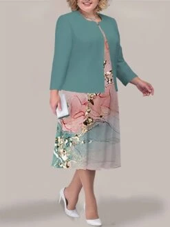 Women's Plus Size Curve Two Piece Dress Set Casual Dress Swing Dress Outdoor Office Fashion Streetwear Print Midi Dress Crew Neck Long Sleeve Ombre Marble Print Pink Dark Pink Royal Blue Fall -Cheap Plus Fit Dress Store cqjkfv1692942156216