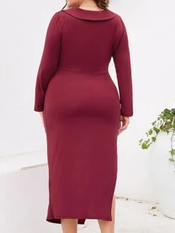 Women‘s Plus Size Curve Party Dress Cocktail Dress Bodycon Midi Dress Black Wine Purple Long Sleeve Pure Color Ruched Spring Fall Winter V Neck Fashion Winter Dress Birthday Wedding Guest 2023 -Cheap Plus Fit Dress Store cqtmti1691464078975