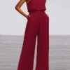 Women's Jumpsuit Pocket High Waist Solid Color Halter Neck Elegant Wedding Party Regular Fit Sleeveless Wine S M L Summer