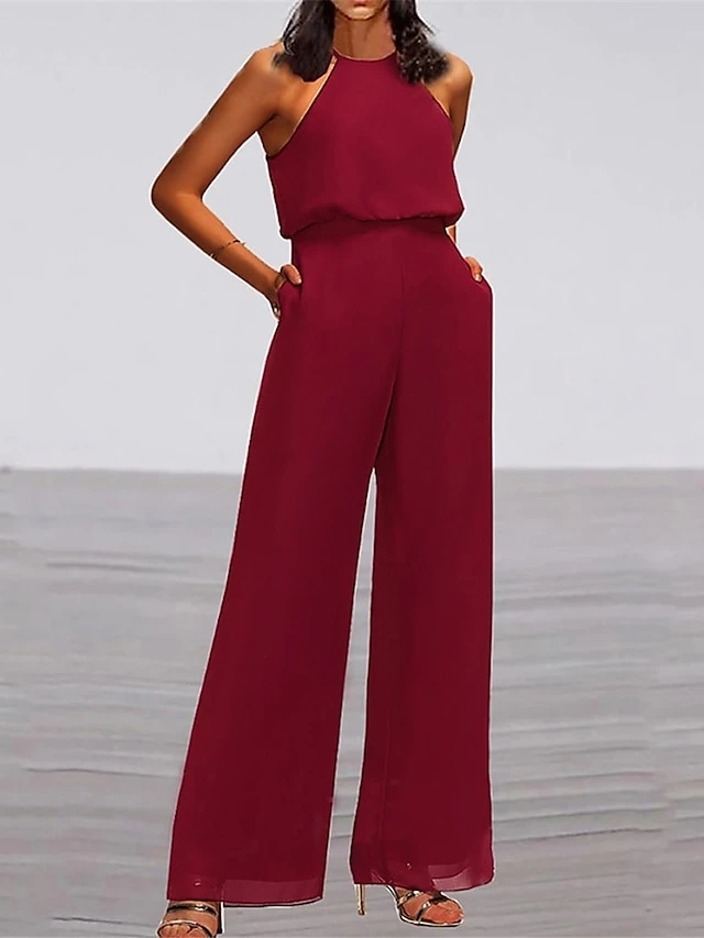 Women's Jumpsuit Pocket High Waist Solid Color Halter Neck Elegant Wedding Party Regular Fit Sleeveless Wine S M L Summer 1 Women's Jumpsuit Pocket High Waist Solid Color Halter Neck Elegant Wedding Party Regular Fit Sleeveless Wine S M L Summer