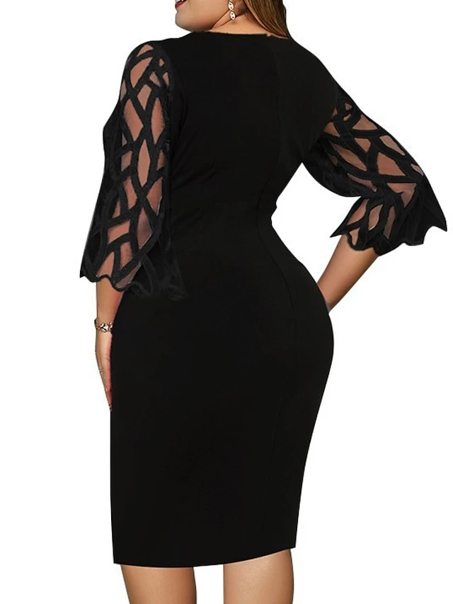 Women‘s Plus Size Curve Party Dress Lace Dress Bodycon Geometric Midi Dress 3/4 Length Sleeve Lace Crew Neck Modern Party Black Fall Spring L XL XXL 3XL 4XL 2 Women‘s Plus Size Curve Party Dress Lace Dress Bodycon Geometric Midi Dress 3/4 Length Sleeve Lace Crew Neck Modern Party Black Fall Spring L XL XXL 3XL 4XL - Image 2