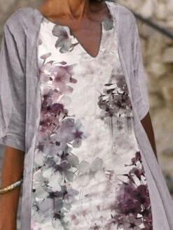 Women's Dress Set Two Piece Dress A Line Dress Midi Dress Light Blue Gray Half Sleeve Floral Print Summer Spring V Neck Elegant 2023 S M L XL XXL 3XL -Cheap Plus Fit Dress Store crfeba1653363831728