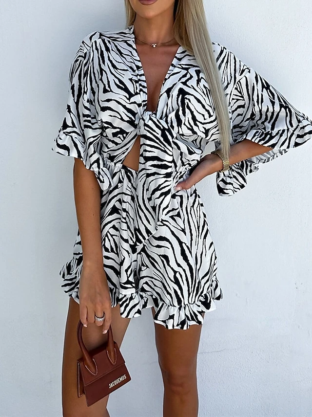 Women's Romper Ruffle Cut Out Floral V Neck Streetwear Street Daily Regular Fit Half Sleeve Black White Blue S M L Summer 16 Women's Romper Ruffle Cut Out Floral V Neck Streetwear Street Daily Regular Fit Half Sleeve Black White Blue S M L Summer - Image 16