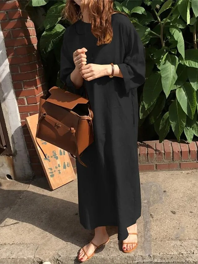 Women's Casual Dress Cotton Linen Dress Shift Dress Midi Dress Linen / Cotton Blend Fashion Classic Outdoor Daily Vacation Crew Neck Pocket Long Sleeve Fall Winter Autumn 2023 Loose Fit Black Yellow 6 Women's Casual Dress Cotton Linen Dress Shift Dress Midi Dress Linen / Cotton Blend Fashion Classic Outdoor Daily Vacation Crew Neck Pocket Long Sleeve Fall Winter Autumn 2023 Loose Fit Black Yellow - Image 6