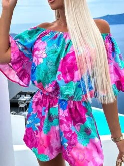 Women's Romper Ruffle Print Floral Off Shoulder Streetwear Street Daily Regular Fit Half Sleeve Red Blue Light Blue S M L Summer Waist Tie -Cheap Plus Fit Dress Store crtkwf1684231078890