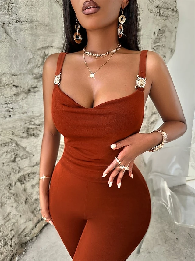 Women's Jumpsuit Backless High Waist Solid Color V Neck Streetwear Street Daily Slim Sleeveless Brown S M L Fall 5 Women's Jumpsuit Backless High Waist Solid Color V Neck Streetwear Street Daily Slim Sleeveless Brown S M L Fall - Image 5