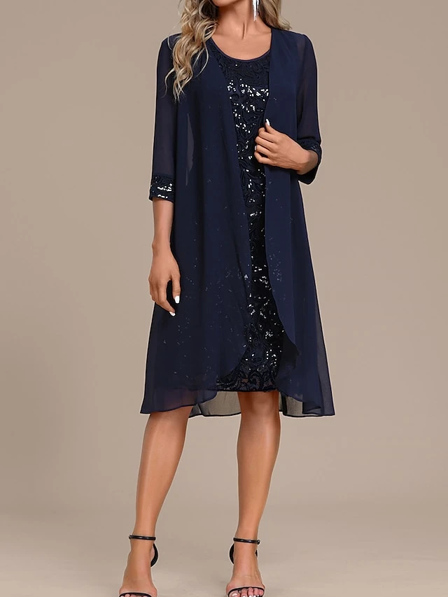Women's Two Piece Dress Set Lace Dress Daily Vacation Fashion Mature Mesh Sequin Midi Dress Crew Neck Long Sleeve Plain Regular Fit Navy Blue Spring Fall S M L XL XXL 5 Women's Two Piece Dress Set Lace Dress Daily Vacation Fashion Mature Mesh Sequin Midi Dress Crew Neck Long Sleeve Plain Regular Fit Navy Blue Spring Fall S M L XL XXL - Image 5