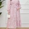 Women's Plus Size Prom Dress Party Dress Wedding Guest Dress Long Dress Maxi Dress Pink Long Sleeve Pure Color Lace Up Fall Winter Autumn Crew Neck Fashion Winter Dress Evening Party Wedding Guest
