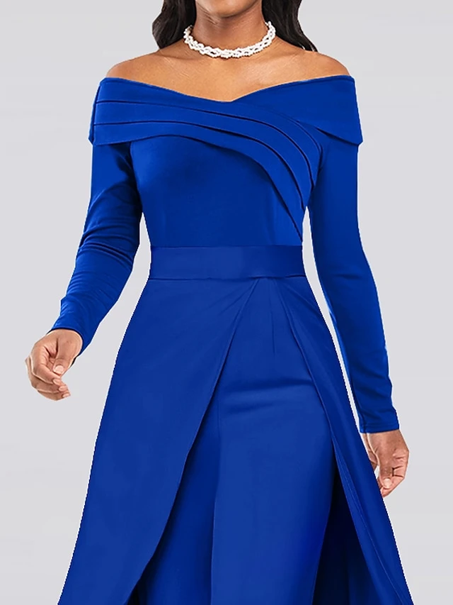 Women's Jumpsuit Solid Color Off Shoulder Elegant Wedding Party Wide Leg Regular Fit Long Sleeve Red Royal Blue S M L All Seasons 2 Women's Jumpsuit Solid Color Off Shoulder Elegant Wedding Party Wide Leg Regular Fit Long Sleeve Red Royal Blue S M L All Seasons - Image 2