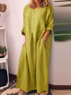 Women's Casual Dress Cotton Linen Dress Black Dress Maxi Long Dress Linen / Cotton Blend Fashion Daily Outdoor Daily Vacation Crew Neck Button Pocket 3/4 Length Sleeve Fall Autumn 2023 Loose Fit -Cheap Plus Fit Dress Store cthpyc1693202318798