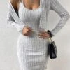 Women's Two Piece Dress Set Casual Dress Sweater Dress Outdoor Daily Fashion Ethnic Ribbed Mini Dress Strap Short Sleeve Plain Regular Fit Gray Fall Winter S M L XL