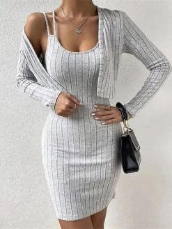 Women's Two Piece Dress Set Casual Dress Sweater Dress Outdoor Daily Fashion Ethnic Ribbed Mini Dress Strap Short Sleeve Plain Regular Fit Gray Fall Winter S M L XL