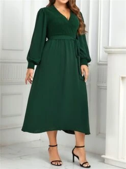 Women's Plus Size Curve Party Dress Winter Dress Sheath Dress Plain Midi Dress Long Sleeve Lace Up Ruched V Neck Fashion Party Green Fall Winter XL XXL 3XL 4XL -Cheap Plus Fit Dress Store ctluea1695031565917