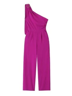 Women's Jumpsuit Pocket Solid Color One Shoulder Active Daily Vacation Wide Leg Slim Long Sleeve Fuchsia XS S M Fall