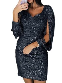 Women‘s Plus Size Curve Party Dress Solid Color V Neck Sequins Long Sleeve Fall Spring Formal Casual Sequins Short Mini Dress Casual Daily Dress Cotton Sequin Dress Homecoming Dress -Cheap Plus Fit Dress Store ctwstd1645172205276