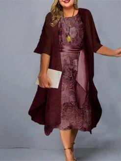 Women‘s Plus Size Curve Casual Dress Dress Set Two Piece Dress Floral Midi Dress 3/4 Length Sleeve Crew Neck Fashion Daily Pink Wine Summer Spring L XL XXL 3XL 4XL -Cheap Plus Fit Dress Store ctyyrp1678845337370