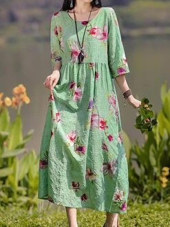 Women's Casual Dress Cotton Linen Dress Swing Dress Midi Dress Linen / Cotton Blend Sweet Style Modern Outdoor Daily Holiday Crew Neck Print 3/4 Length Sleeve Fall Winter Autumn 2023 Loose Fit Yellow -Cheap Plus Fit Dress Store cucpfk1693553157500