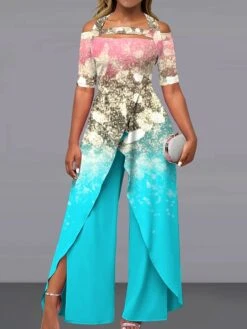Jumpsuits For Women Floral Dressy Patchwork Split Gradient Off Shoulder Active Wedding Going Out Wide Leg Loose Fit Short Sleeve Cold Shoulder Light Green Pink Gold S M L