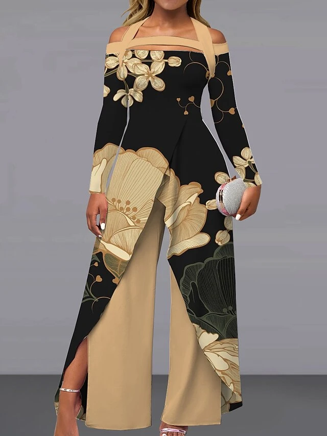 Women's Jumpsuit Print Floral Off Shoulder Elegant Wedding Party Wide Leg Regular Fit Long Sleeve Black Yellow Khaki S M L All Seasons 3 Women's Jumpsuit Print Floral Off Shoulder Elegant Wedding Party Wide Leg Regular Fit Long Sleeve Black Yellow Khaki S M L All Seasons - Image 3