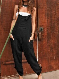 Women's Jumpsuit Button Solid Color Streetwear Street Vacation Regular Fit Sleeveless Blue Khaki White One-Size Fall