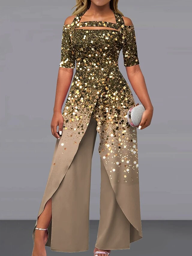 Women's Jumpsuit Print Gradient Off Shoulder Elegant Wedding Party Wide Leg Regular Fit Short Sleeve Silver Blue Gold S M L Summer 1 Women's Jumpsuit Print Gradient Off Shoulder Elegant Wedding Party Wide Leg Regular Fit Short Sleeve Silver Blue Gold S M L Summer