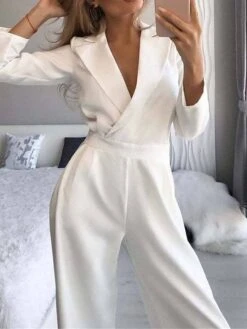 Women's Jumpsuit For Special Occasions Pocket High Waist Solid Color V Neck Streetwear Office Work Regular Fit Long Sleeve Black White Wine S M L Summer -Cheap Plus Fit Dress Store cvzbja1680576940873