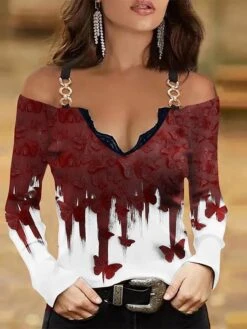 Women's Shirt Blouse Black Wine Blue Butterfly Lace Trims Print Long Sleeve Casual Holiday Basic V Neck Regular Fit Butterfly Spring &Fall -Cheap Plus Fit Dress Store cwyrwa1697013804263