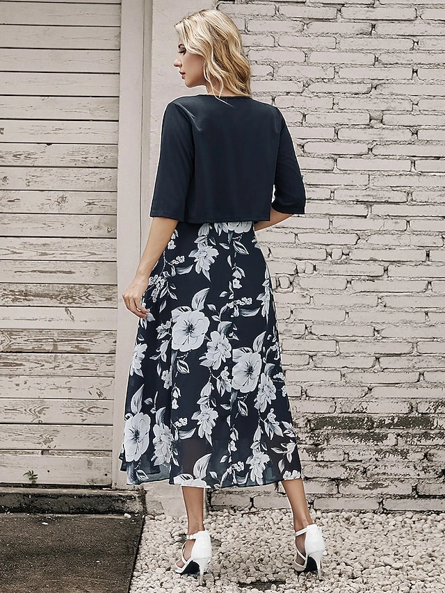 Women's Two Piece Dress Set Casual Dress Chiffon Dress Outdoor Daily Fashion Elegant Print Midi Dress V Neck Half Sleeve Floral Regular Fit Black Pink Gray Summer Spring S M L XL XXL 3 Women's Two Piece Dress Set Casual Dress Chiffon Dress Outdoor Daily Fashion Elegant Print Midi Dress V Neck Half Sleeve Floral Regular Fit Black Pink Gray Summer Spring S M L XL XXL - Image 3