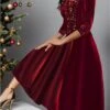 Women's Two Piece Dress Set Party Dress Wine Red Velvet Dress Party Sequin Dress Wedding Guest Fashion Modern Patchwork Midi Dress Crew Neck 3/4 Length Sleeve Plain