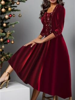 Women's Two Piece Dress Set Party Dress Wine Red Velvet Dress Party Sequin Dress Wedding Guest Fashion Modern Patchwork Midi Dress Crew Neck 3/4 Length Sleeve Plain