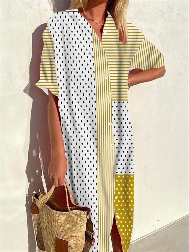 Women's Shirt Dress Casual Dress Midi Dress Outdoor Office Daily Polyester Fashion Modern Shirt Collar Button Print 3/4 Length Sleeve Summer Spring Fall 2023 Loose Fit Black White Yellow Geometric 5 Women's Shirt Dress Casual Dress Midi Dress Outdoor Office Daily Polyester Fashion Modern Shirt Collar Button Print 3/4 Length Sleeve Summer Spring Fall 2023 Loose Fit Black White Yellow Geometric - Image 5