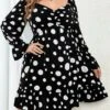 Women's Plus Size Party Dress Wedding Guest Dress Black Dress Mini Dress Black Long Sleeve Polka Dot Ruffle Spring Fall Winter V Neck Fashion Winter Dress Evening Party Wedding Guest 2023 XL XXL 3XL