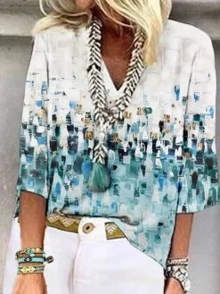 Women's Shirt Blouse Red Blue Purple Tie Dye Print 3/4 Length Sleeve Casual Daily Basic V Neck Regular Fit Fall & Winter