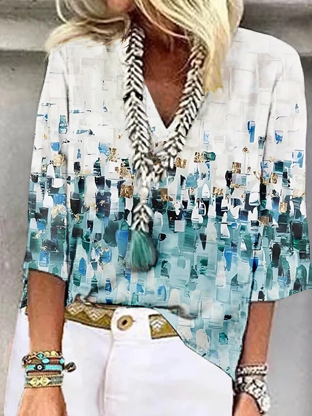 Women's Shirt Blouse Red Blue Purple Tie Dye Print 3/4 Length Sleeve Casual Daily Basic V Neck Regular Fit Fall & Winter 1 Women's Shirt Blouse Red Blue Purple Tie Dye Print 3/4 Length Sleeve Casual Daily Basic V Neck Regular Fit Fall & Winter