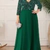 Women‘s Plus Size Curve Party Dress Sequin Dress Solid Color Long Dress Maxi Dress 3/4 Length Sleeve V Neck Fashion Party Dark Green Fall Spring XL XXL 3XL 4XL 5XL