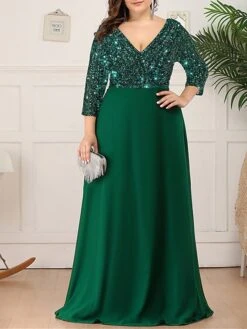 Women‘s Plus Size Curve Party Dress Sequin Dress Solid Color Long Dress Maxi Dress 3/4 Length Sleeve V Neck Fashion Party Dark Green Fall Spring XL XXL 3XL 4XL 5XL