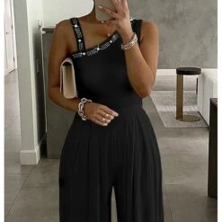 Women's Jumpsuit Beaded Solid Color V Neck Elegant Daily Holiday Straight Regular Fit Sleeveless Black S M L Spring -Cheap Plus Fit Dress Store cyjhlx1658824790576
