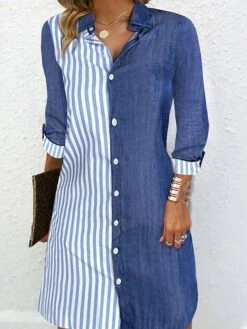 Women's Shirt Dress Casual Dress Shift Dress Mini Dress Outdoor Daily Date Polyester Basic Classic Shirt Collar Button Print Long Sleeve Spring Fall Winter 2023 Regular Fit Blue Striped S M L XL