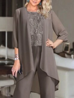 Women's Jumpsuit Lace Solid Color Round Neck Elegant Wedding Party Straight Regular Fit 3/4 Length Sleeve Brown S M L Spring Cold Weather -Cheap Plus Fit Dress Store cyxpmg1653639156836