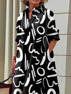 Women's Shirt Dress Casual Dress Midi Dress Outdoor Office Daily Polyester Fashion Modern Shirt Collar Button Pocket Long Sleeve Fall Winter 2023 Loose Fit Black Pink Wine Color Block Graffiti S M L